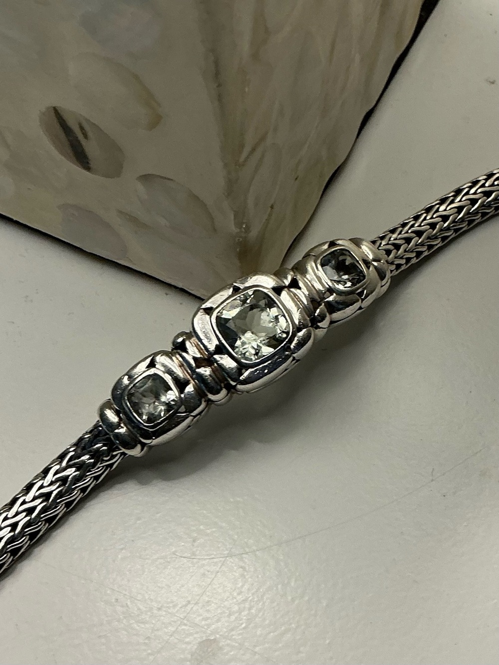 JOHN HARDY Kali woven 32.5g STERLING SILVER Bracelet. 7:5 length WHITE TOPAZ.